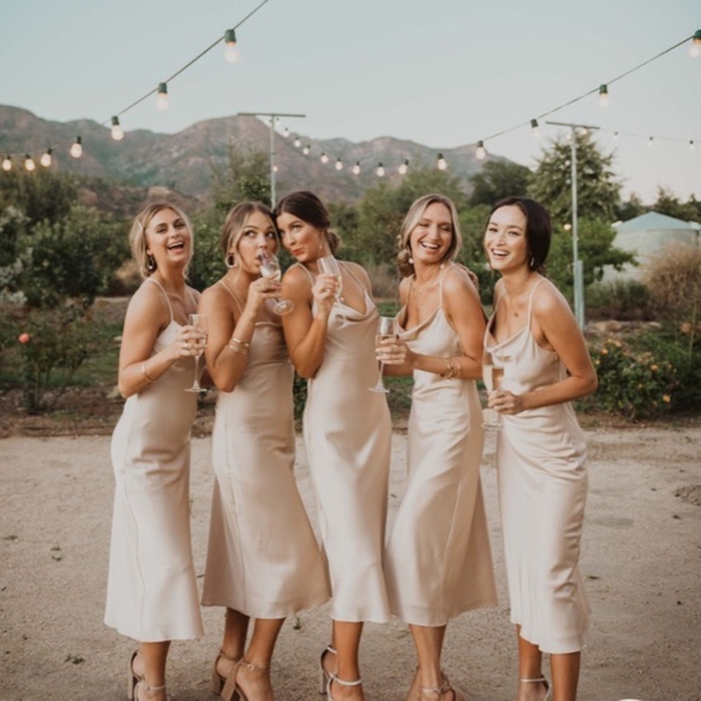 Show Me Your Mumu Verona Cowl Midi Dress in Champagne Luxe Satin